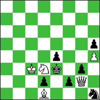 White: Kc3 , Qg2, Bd1, Nd3, h4  Black: Ke3, Nh1, d2, e4, f2, g3, h5