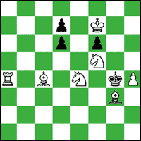 White : Kf7, Ra4, Bc4, Bg3, Ne4, Nf5, Ph4 Black: Kg4, Pd7, Pd6, Pf6 (7+4)
