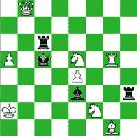 White: Ka2,  Qb8,  Rg5,  Bg1,  Nf2,  Ne5,  Pa5,  Pe4(8)  Black:  Kc5,  Rc6,  Rh3,  Be3  (4) 