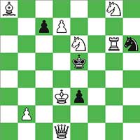 White: Kd3, Qd1, Rg6, Ba8, Ne6, Ng8, Pb2, Pd7 (8) Black: Ke5, Nh6, Pc7, Pe3 (4) 