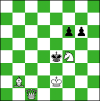 White: Ke2,  Qc1, Bb2,  Nf4  Black: Ke4,  Pf6, Pg6