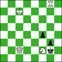 White: Kc7, Qc2, Rg8, Nf2  Black: Kg2, Pg3, Pf4