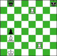 White: Kb1, Rf2, Re7, Bb3 Black: Kh8, Qb8, Pb4