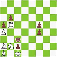 wKc1, Rb5, Ba1, a2, Nb2, Pa4/bKc3, Pa5, b6, c2, f4, f5 (6+6) Mate in three moves