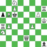 White: Kh5, Qe2,  Rh7,  Ra4,  Bb6,  Na3,  Nc8,  Pb4,  Pc7, Pf4,  Pg6 (11) Black:  Kc6,  Bh1,  Pa6  (3) 