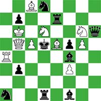White: Kb6, Qb5, Ra4, Bc8, Be5, Nd6, Ng6, Pc5, Pf3, Pg5 (10) Black: Kd5, Qh6, Rd1, Re7, Bf1, Bf4, Na1, Nd8, Pb7, Pb3, Pf5(11)