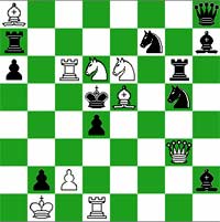 White: Kb1, Qg3, Rc6, Rd1, Ba8, Be5,Nd6, Ne6, Pc2 (9) Black: Kd5, Qh8, Ra7, Rg6, Bh7, Bh2, Nf7, Ng5, Pa6, Pb2, Pd4 (11)