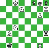 White: Kc8, Rh7, Rg1, Bb3, Bf8, Nc4, Nd7, Pg6 (8) Black: Kg8, Qb1, Rh3, Bh8 (4)